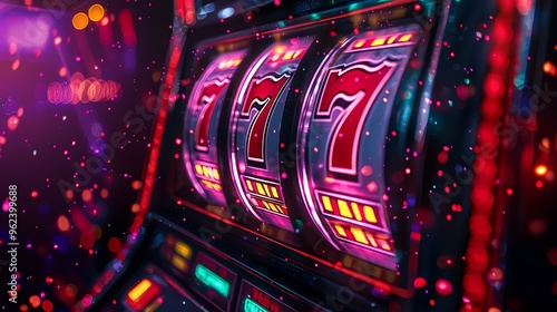 Close-up of a slot machine with three sevens lined up, glowing with pink and yellow lights. The background is a blur of pink and orange lights.