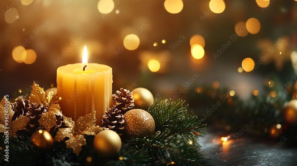 Burning Candle in a Festive Christmas Wreath