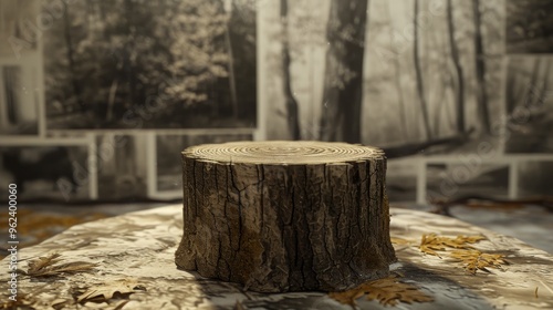 Close-up view of a tree stump, with a blurred forest background. This image highlights the detailed texture of the stump, set against a backdrop that signifies past natural beauty and current photo