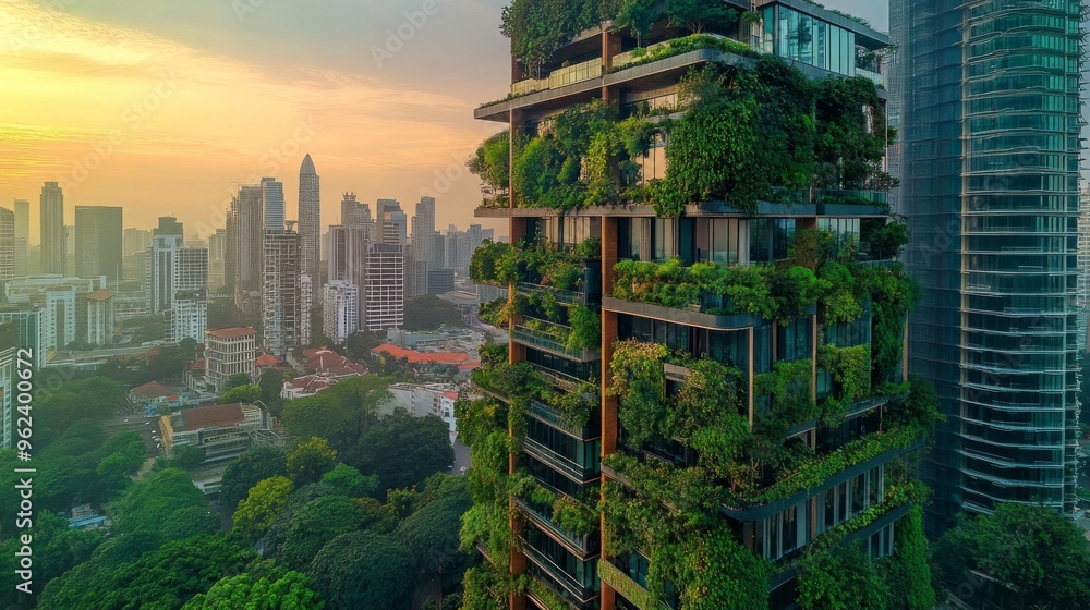 Obraz premium Vertical gardens enriching skyscrapers, vibrant greenery intertwining with urban architecture, promoting sustainability and enhancing city aesthetics, a fusion of nature and modernity