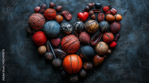 Sports equipment arranged in the shape of a heart, symbolizing passion. --ar 16:9 --style raw --stylize 750 --v 6.1 Job ID: 75bc131d-faaf-4b9d-9c32-fca2b5aa4996 photo