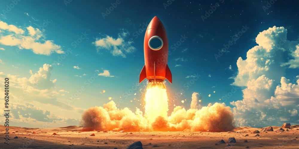 Obraz premium Dynamic Rocket Launch Against a Cloudy Sky