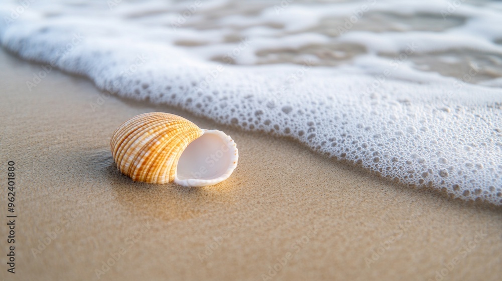 Gentle Seashell Embrace, a delicate shell cradled in soft sand, as tranquil waves caress the shore, creating a serene coastal atmosphere. Gentle Seashell Embrace, a delicate shell cradled in soft sand, as tranquil waves caress the shore, creating a serene coastal atmosphere.