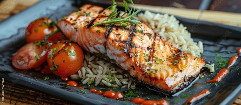 Grilled Salmon And Rice French Cuisine Dish With Tomato And Salmon Grilled Salmon And Rice French Cuisine Dish With Tomato And Salmon