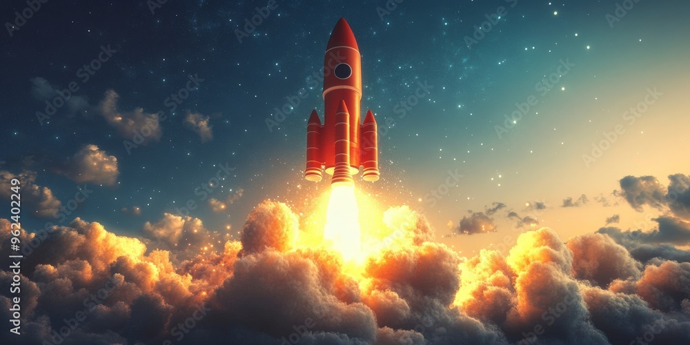 Obraz premium Dynamic Rocket Launch Against a Cloudy Sky