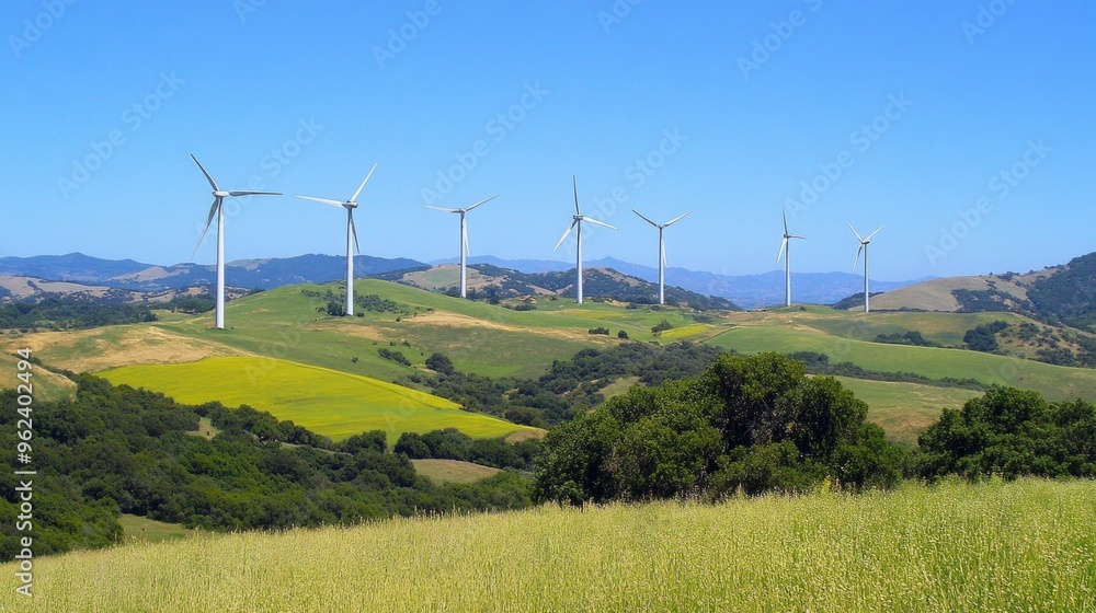 Wind Turbines on Rolling Hills, a picturesque landscape featuring sleek wind turbines across verdant hills, symbolizing sustainable energy and environmental progress under a bright blue sky Wind Turbines on Rolling Hills, a picturesque landscape featuring sleek wind turbines across verdant hills, symbolizing sustainable energy and environmental progress under a bright blue sky
