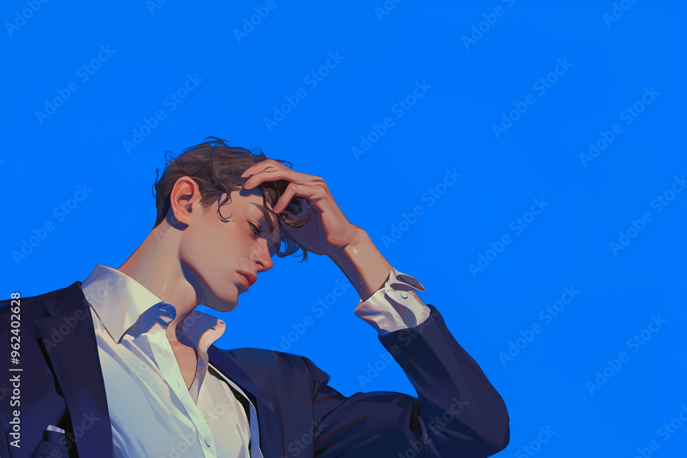 Portrait de profil d'un homme français pensif en costume et chemise blanche, sous un ciel bleu intense, espace négatif copyspace Portrait de profil d'un homme français pensif en costume et chemise blanche, sous un ciel bleu intense, espace négatif copyspace