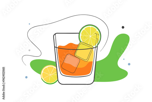 Whiskey Glass with Ice Cubes and Lime Wedge Vector Illustration Perfect Drink Design for Your Projects