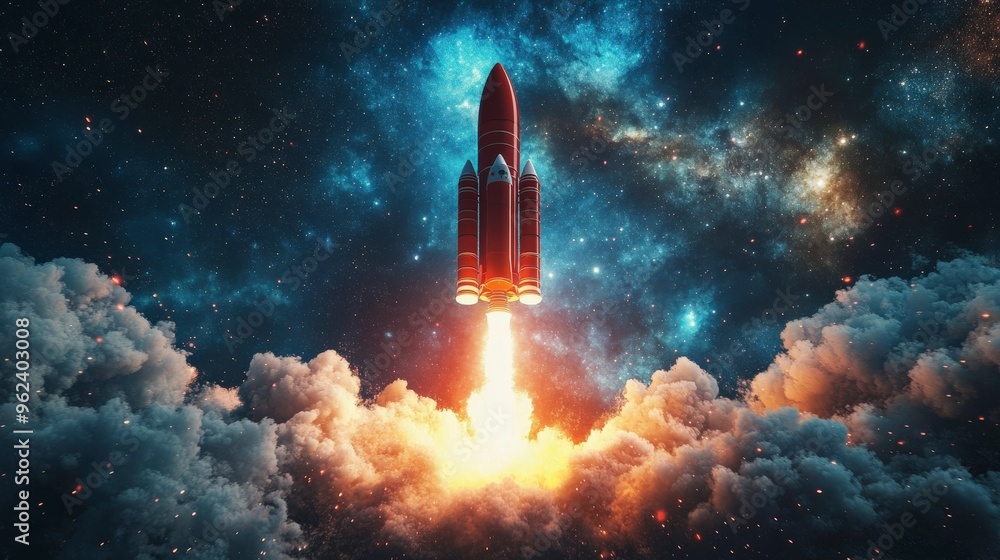 Obraz premium Dynamic Rocket Launch Against a Cloudy Sky