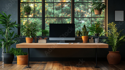 A pristine desk featuring a sleek, modern desktop computer with a blank screen, ideal for graphic design mockups, presentations, or showcasing portfolio and website designs