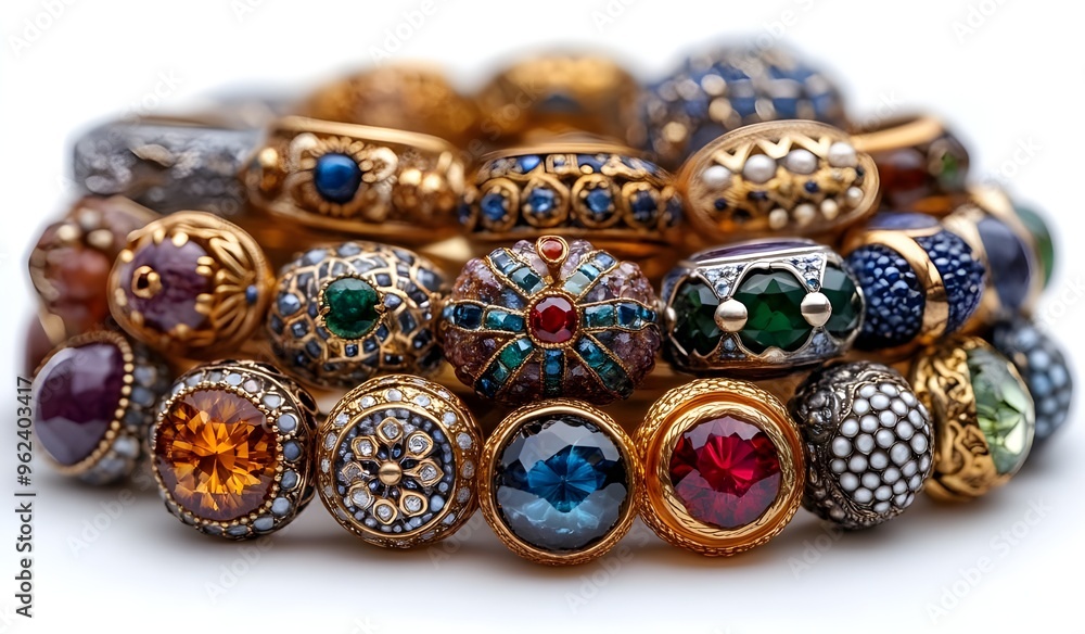 Close-up of a luxurious array of ornate rings stacked together, featuring intricate designs and a variety of colorful gemstones. Close-up of a luxurious array of ornate rings stacked together, featuring intricate designs and a variety of colorful gemstones.