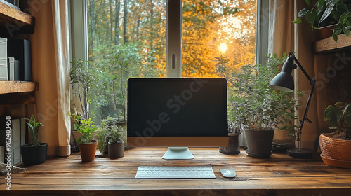 A pristine desk featuring a sleek, modern desktop computer with a blank screen, ideal for graphic design mockups, presentations, or showcasing portfolio and website designs