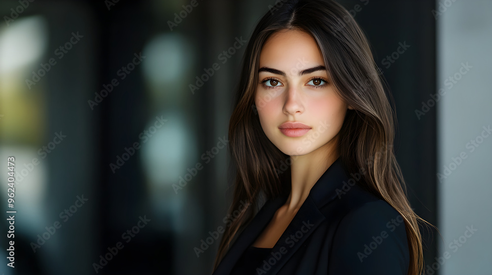 Fototapeta premium Youthful Woman in Sleek Black Blazer Headshot Beauty