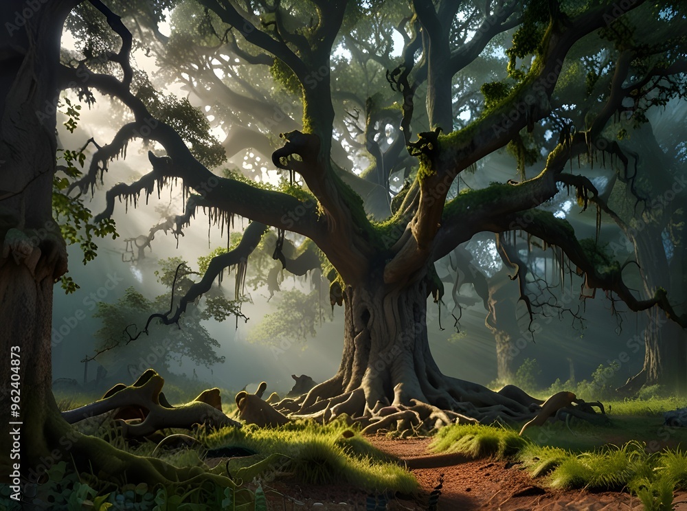 Ancient oak tree with sprawling roots in a mystical forest, history ...