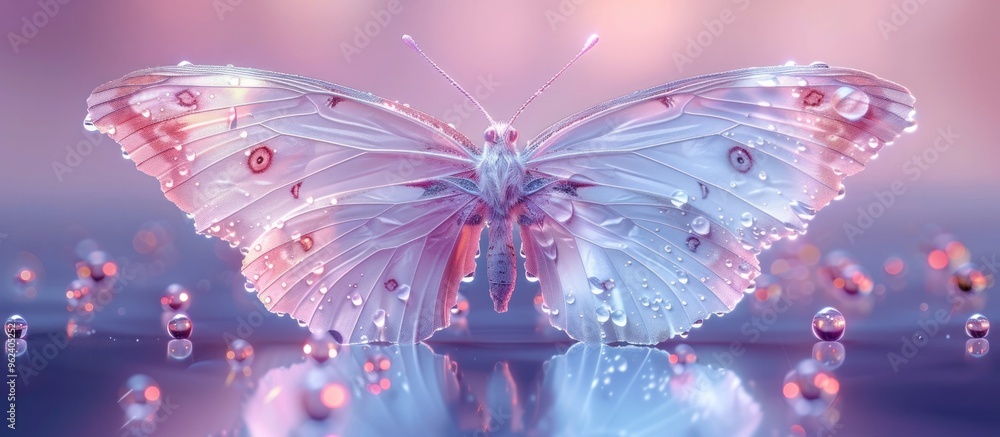 Fototapeta premium Enchanting glowing butterfly hovering over a serene reflective body of water in a dreamlike ethereal landscape of vibrant iridescent hues and sparkling light A captivating