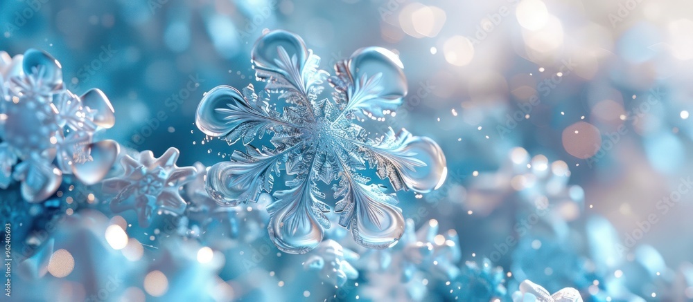 Stunning close up view of an intricate delicate snowflake crystal with shimmering icy patterns and sparkling frozen details against a blurred