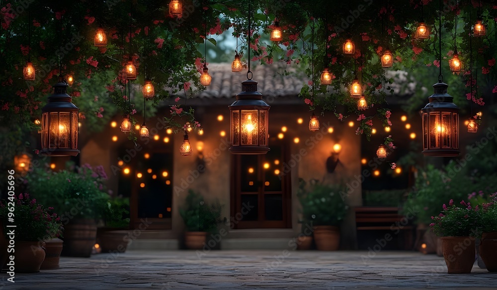 A cozy courtyard scene at dusk, featuring a rustic building with dark wooden doors and an inviting entrance. Surround the area with lush greenery and potted plants, creating a serene atmosphere. A cozy courtyard scene at dusk, featuring a rustic building with dark wooden doors and an inviting entrance. Surround the area with lush greenery and potted plants, creating a serene atmosphere.