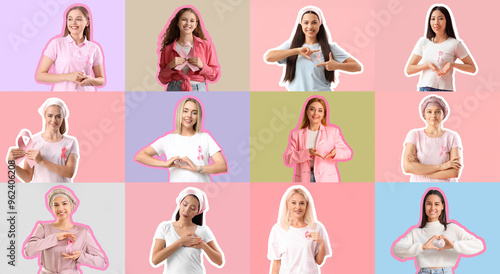 Set of women with pink ribb...