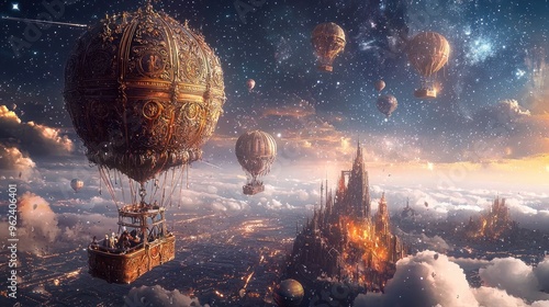 Ornate Hot Air Balloons Flying Over a Steampunk City at Sunset photo