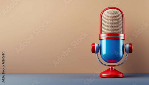 Retro-style microphone with a red, blue, and beige body, featuring a rounded metallic mesh head and a circular base. The microphone is on a beige background and blue surface. Copy space on the left
