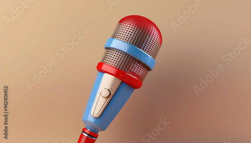 Colorful microphone with red, blue, and beige details, featuring a metallic mesh head and a button on the handle. The microphone is positioned diagonally against a beige background.