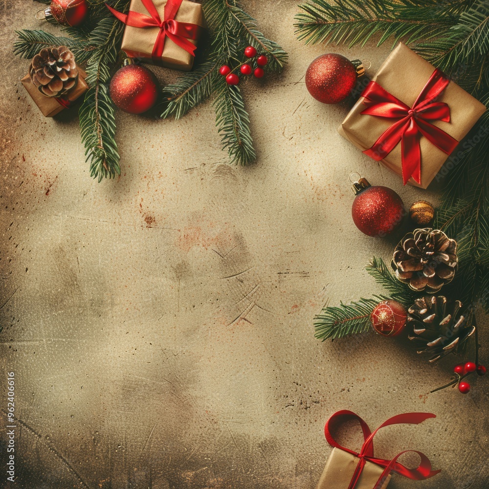 custom made wallpaper toronto digitalVintage Christmas background with fir branches, red balls, gift boxes, and decorations on a beige