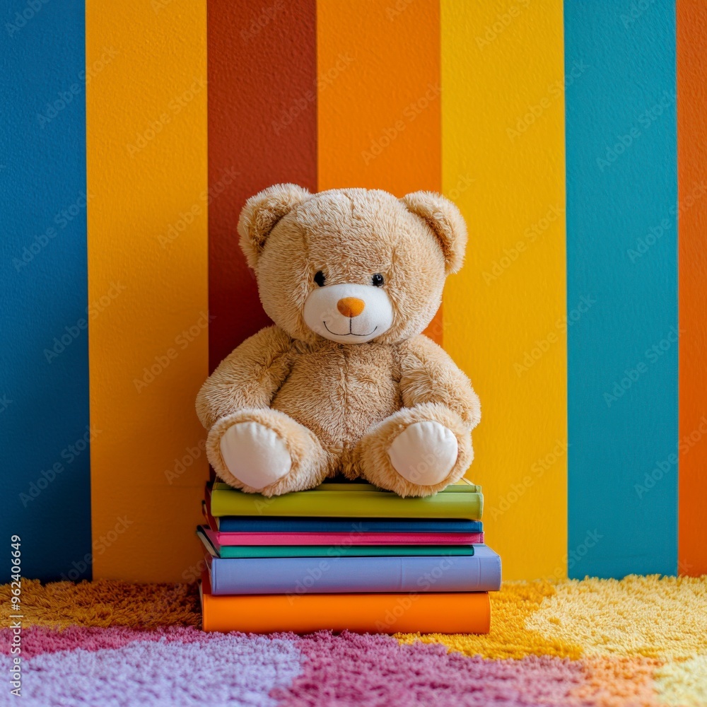 Soft Teddy Bear on Colorful Children's Books for Cozy Reading Time Soft Teddy Bear on Colorful Children's Books for Cozy Reading Time