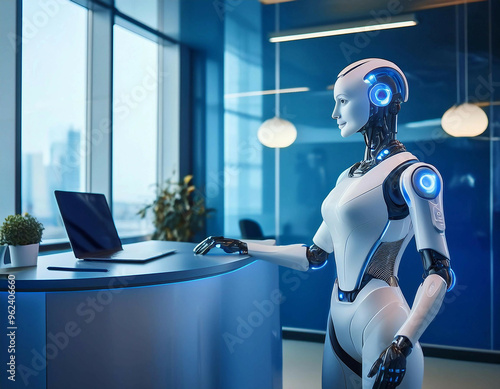 A humanoid robot stands beside a curved desk in a modern office setting, looking at an open laptop. The background features glass walls, a plant, and hanging lights.