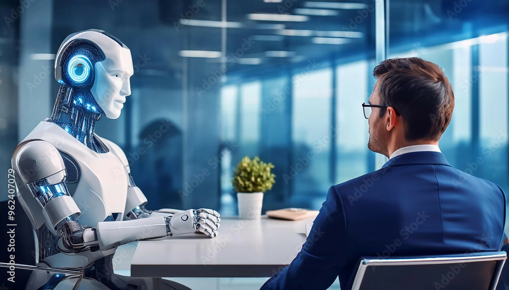 A humanoid robot sits at a table across from a man in a blue suit ...