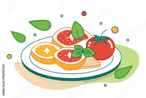 Delicious Italian Bruschetta Platter Vector Design- Fresh Tomatoes, Basil, and Olive Oil photo