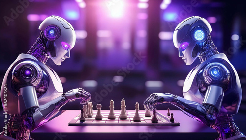 Two humanoid robots with metallic bodies are seated, playing chess on a chessboard. Both have glowing lights on their heads and shoulders, facing each other at a table.