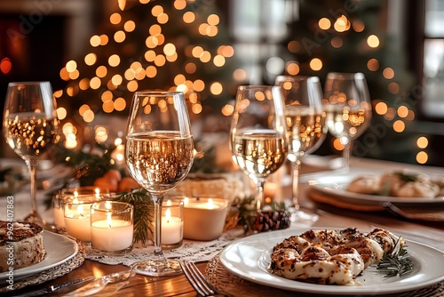 Festive dinner table set with sparkling wine and holiday decorations in a cozy setting during the winter season. Generative AI