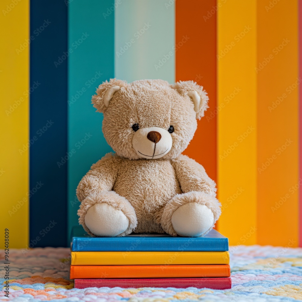 Soft Teddy Bear on Colorful Children's Books for Cozy Reading Time Soft Teddy Bear on Colorful Children's Books for Cozy Reading Time