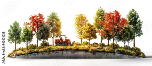 Stunning autumn landscape with vibrant red orange and yellow foliage on trees lining a dirt road in a rural pastoral setting  A classic fall scene with a vintage tractor in the distance photo