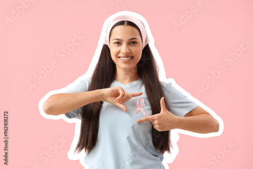 Young woman with ribbon on ...