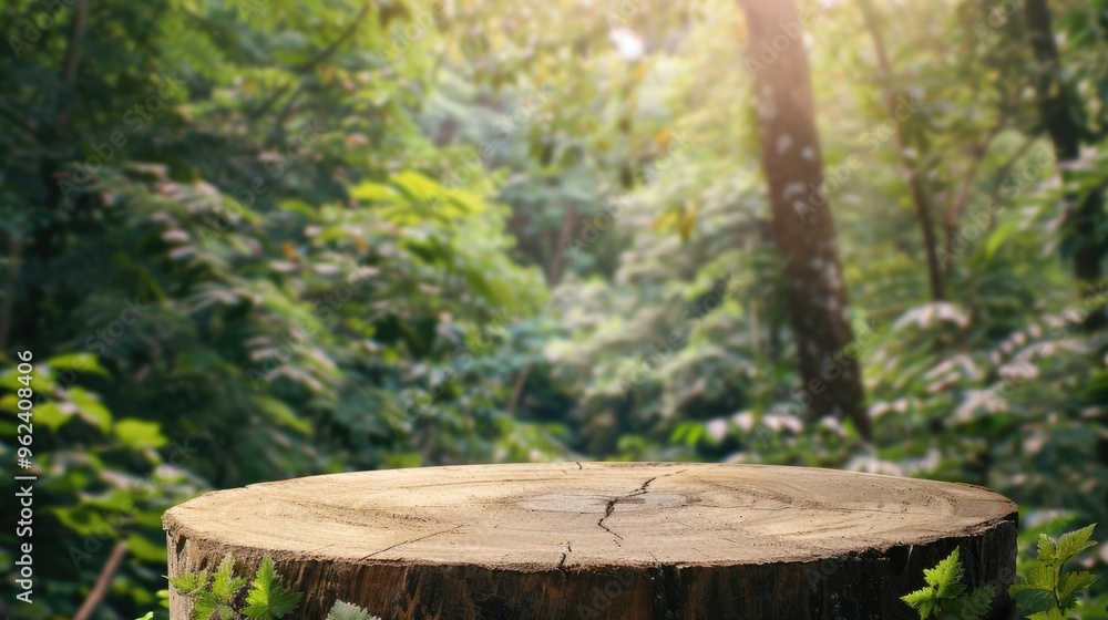 Wooden podium in forest setting with greenery backdrop for displaying natural products. Wooden podium in forest setting with greenery backdrop for displaying natural products.