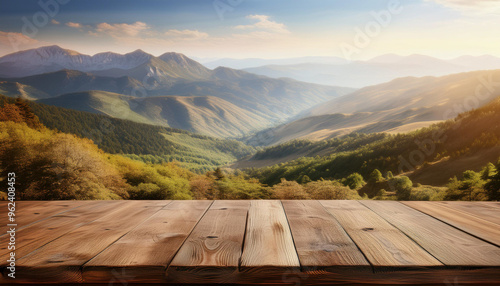 Empty wooden table with view of mountain or wooden desk with plantation nature with bokeh background, copy space for your text
