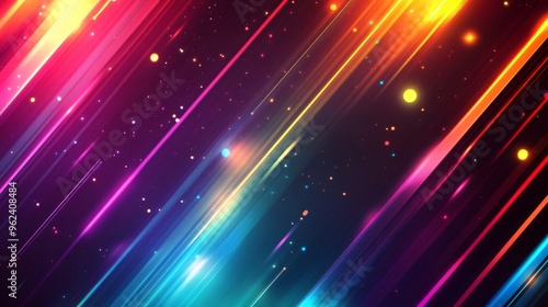 Abstract dark background with glowing colorful lines and dots.