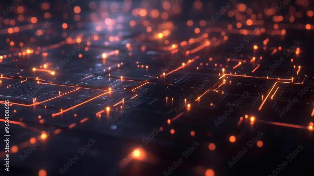 Fototapeta premium Abstract dark background with orange glowing lines and lights.