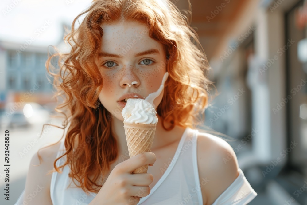 Child's eyes sparkle while eating ice cream. Glowing redhead youth big smile enjoying outdoors. Emblem of natural beauty and freckled charm. Child's eyes sparkle while eating ice cream. Glowing redhead youth big smile enjoying outdoors. Emblem of natural beauty and freckled charm.