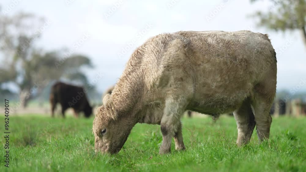 beautiful cattle in Australia eating grass, grazing on pasture. Herd of cows free range beef being regenerative raised on an agricultural farm. Sustainable farming beautiful cattle in Australia eating grass, grazing on pasture. Herd of cows free range beef being regenerative raised on an agricultural farm. Sustainable farming