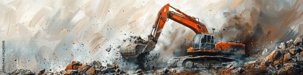 Powerful orange excavator machine demolishing and digging through rubble and debris at an active construction site creating large dust and smoke clouds in the environment Powerful orange excavator machine demolishing and digging through rubble and debris at an active construction site creating large dust and smoke clouds in the environment