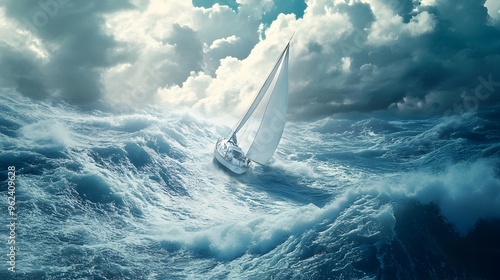 Conceptual depicting the powerful force of wind propelling a sailboat across the vast open sea representing the dynamic interplay between nature s elements and human photo