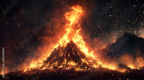 Mesmerizing Roaring Bonfire with Vibrant Flames and Glowing Embers   Conceptual Image of Intense Fire Burning Brightly with Captivating Warmth and Energy