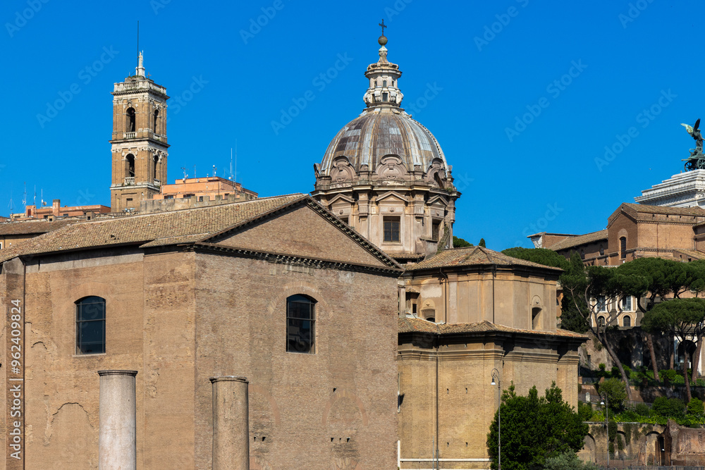 Panoramic view of the Roman Forum, including the Monument to Vittorio Emanuele II, the Tempio della Pace, Curia Iulia, Chiesa Santi Luca e Martina Martiri, and the Temple of Venus Genetrix, Italy Panoramic view of the Roman Forum, including the Monument to Vittorio Emanuele II, the Tempio della Pace, Curia Iulia, Chiesa Santi Luca e Martina Martiri, and the Temple of Venus Genetrix, Italy