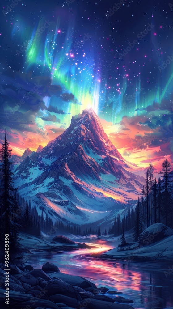 Breathtaking night landscape featuring a majestic snow capped mountain peak surrounded by a colorful display of the northern lights Breathtaking night landscape featuring a majestic snow capped mountain peak surrounded by a colorful display of the northern lights