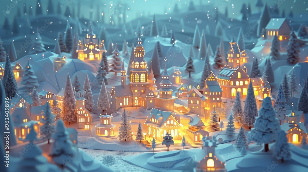 cozy snow-covered village illuminated by warm lights, creating a magical winter holiday scene. cozy snow-covered village illuminated by warm lights, creating a magical winter holiday scene.