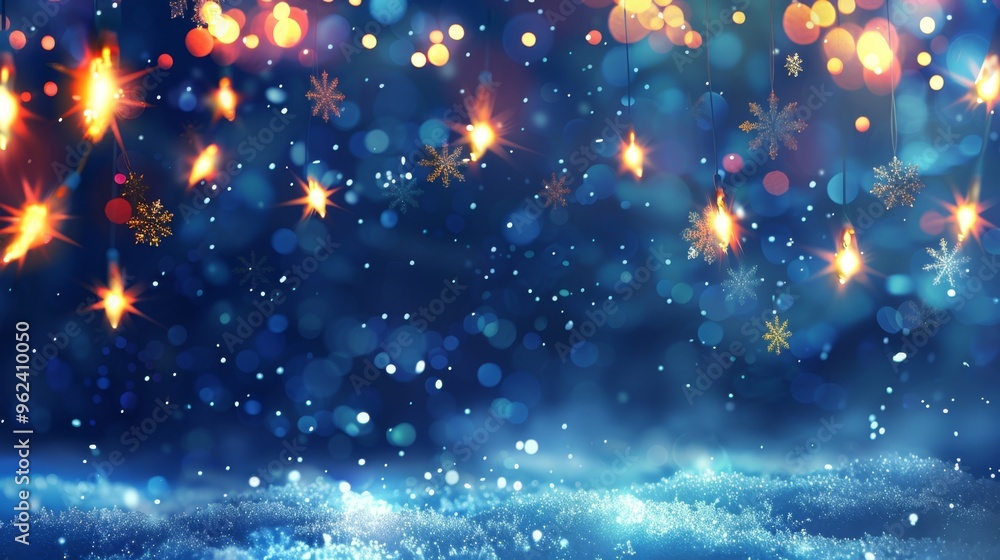 Twinkling lights and glowing stars against a deep blue background with soft snow, creating a magical winter holiday atmosphere. Twinkling lights and glowing stars against a deep blue background with soft snow, creating a magical winter holiday atmosphere.