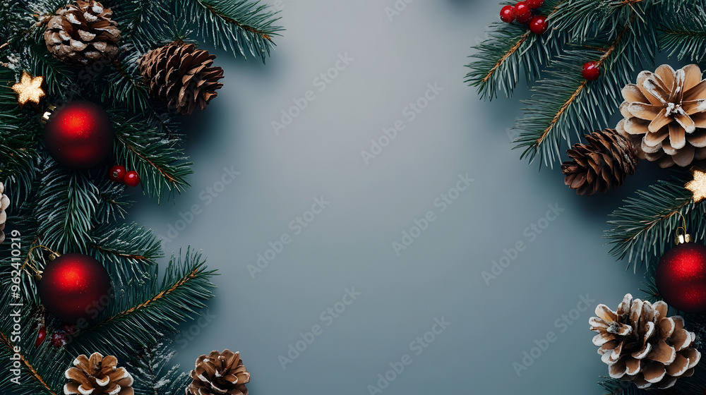 Fototapeta premium Christmas background, flat lay, pine cone, twigs, berries, card background, seasons greetings, blank space