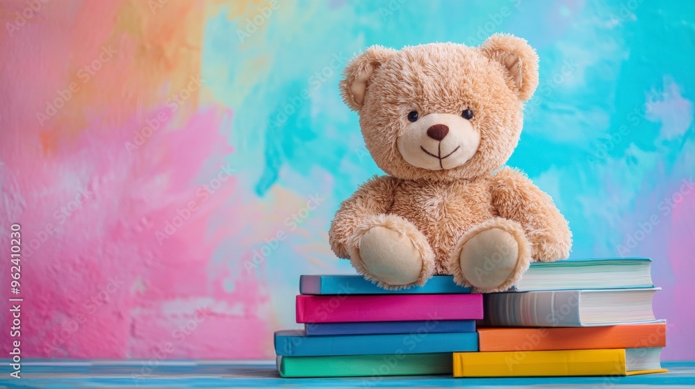 Soft Teddy Bear on Colorful Children's Books for Cozy Reading Time Soft Teddy Bear on Colorful Children's Books for Cozy Reading Time